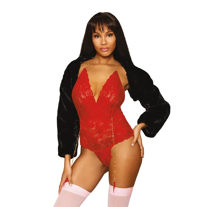 DREAMGIRL Couples Dreamgirl Stretch Lace Garter Teddy Metal Heart Chain Details 13089 Ruby